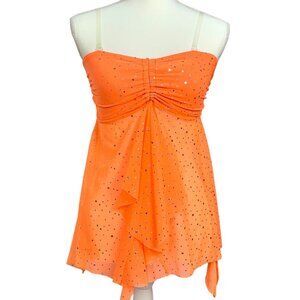 Body Wrappers Radiant Mesh Orange Dance Dress Top M Sequins Ruched Bust 7713